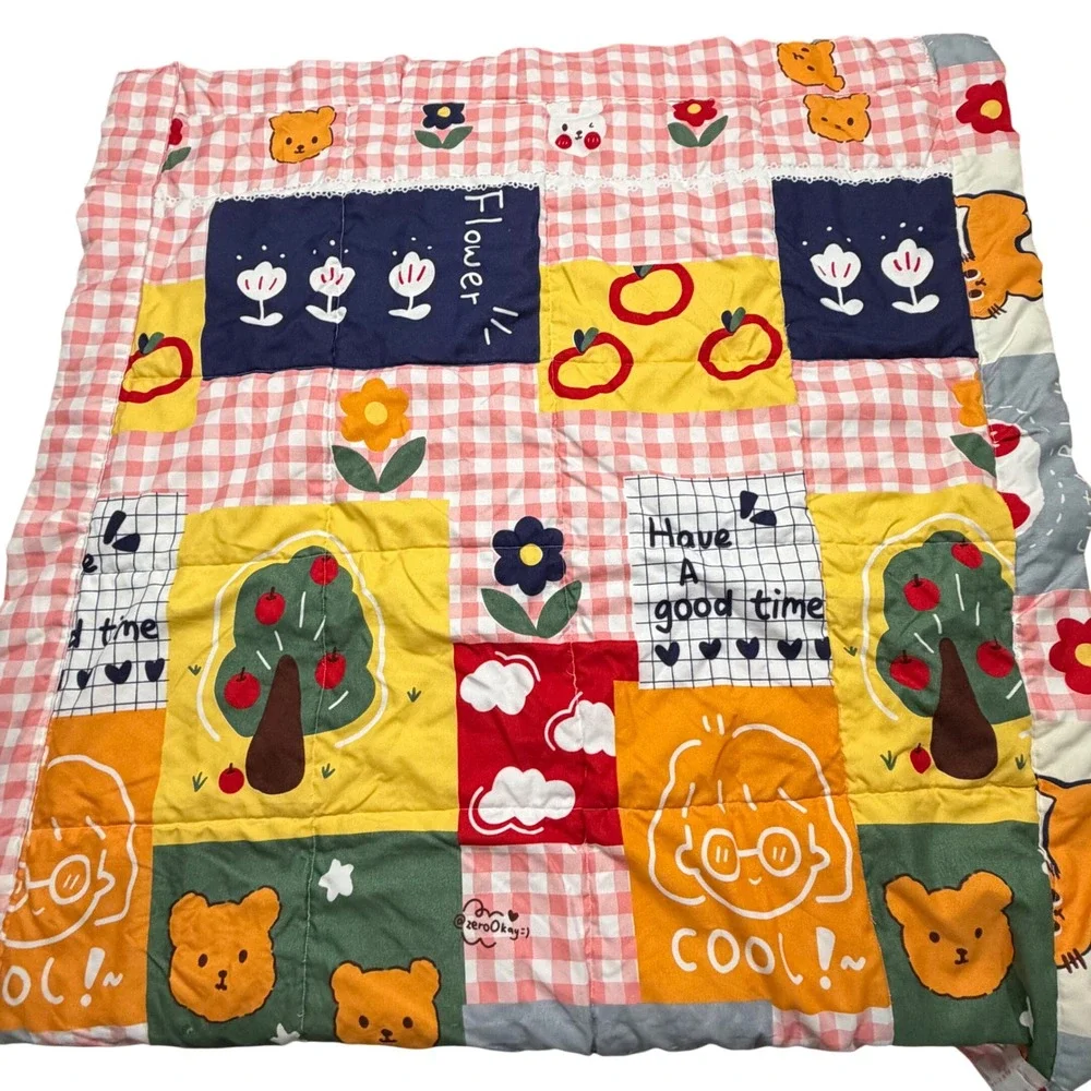 Kawaii Patchwork Quilt Pink Gingham Bear Bunny Floral Nursery Blanket 44x40